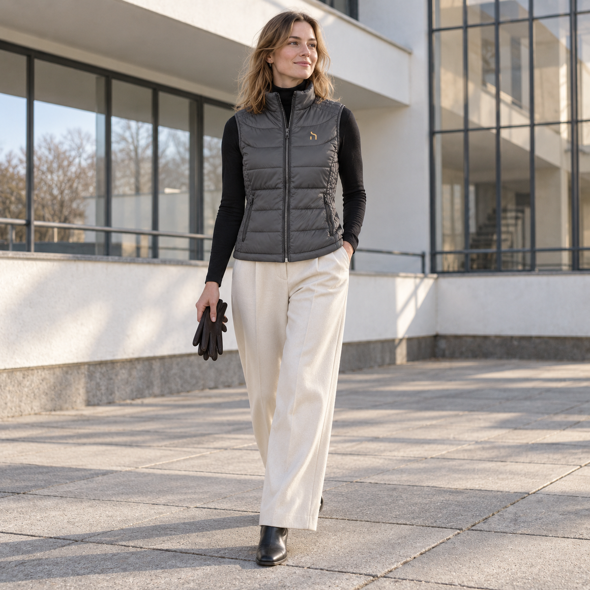 Junge Frau trägt den Haensch Utility Nano Bodywarmer in Iron Grey vor moderner Bauhaus-Architektur in Dessau